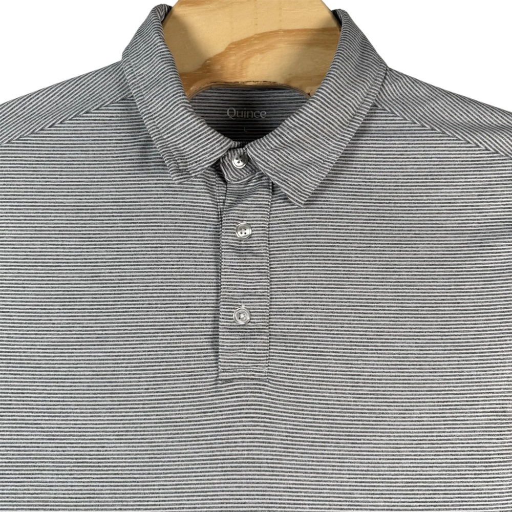Quince Performance Jersey Golf Polo Men L Gray White Striped Short Sleeve Shirt